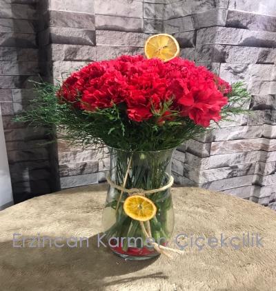 Erzincan Çiçek Gönder Cam vazoda Kırmızı Karanfiller