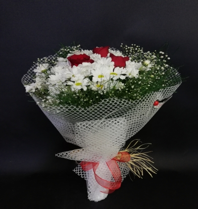  Erzincan Çiçek Gönder Beyaz Papatya & 3 Kırmızı Gül