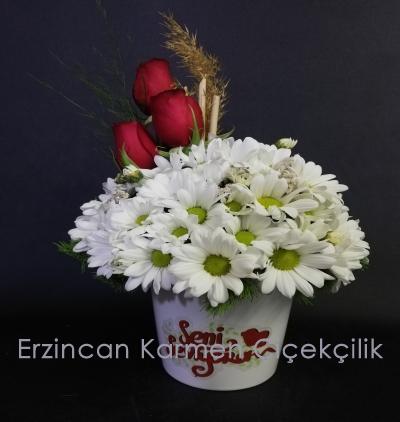 Erzincan Çiçek Seni Seviyorum Vazolu Papatya & Gül Aranjmanı