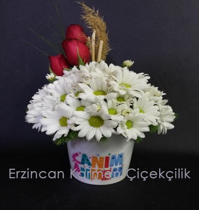  Erzincan Çiçek Siparişi Canım Annem Vazolu Beyaz Papatya & Gül Aranjmanı